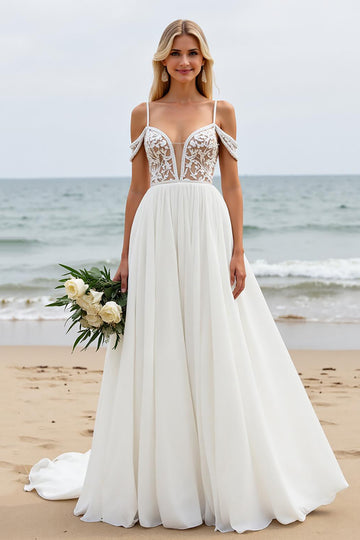 Ivory Sweep Train Chiffon A Line Cold Shoulder Wedding Dress with Lace Appliques